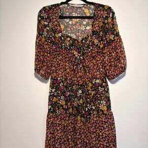 Zara Basic Floral Tie-Front Dress | XS | Black & Pink Floral Print |